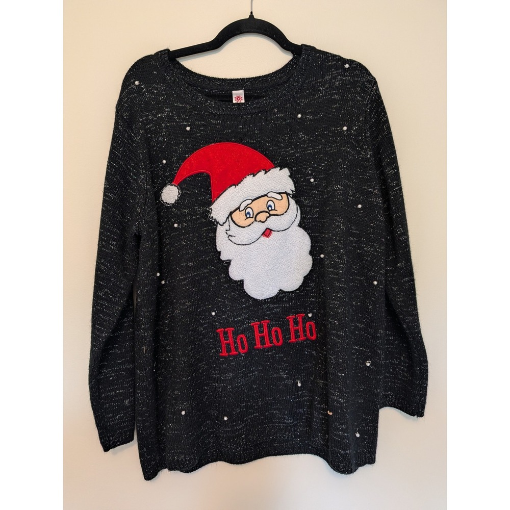 Holiday Time Ugly Christmas Sweater Santa Claus Beaded Black Womens 2X 18W/20W